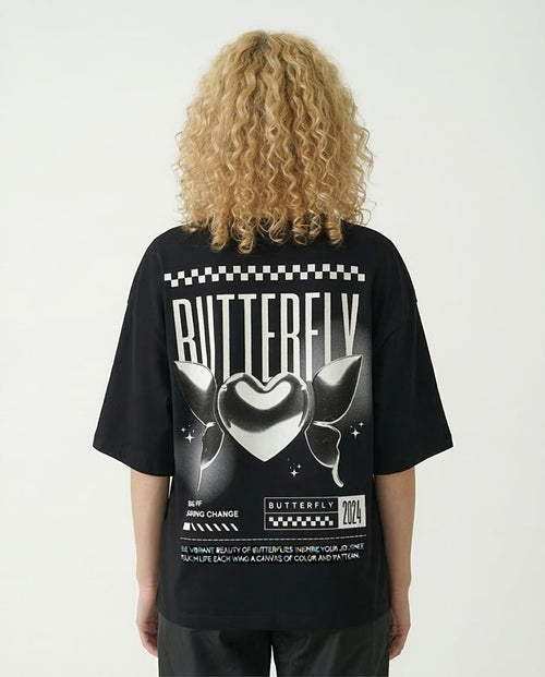 Ravin Butterfly Graphic Oversized Tee – "Beauty of Embracing Change" - Black - R209135
