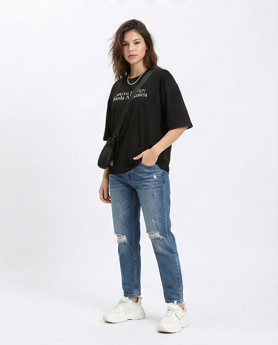 R209136 - تي شيرت قطني بطبعة أمامية وخلفية - أسود