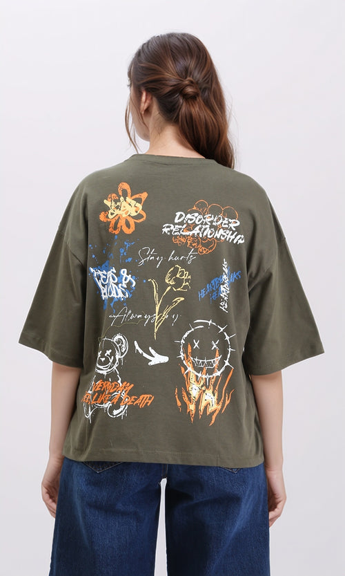 R209138 - Printed Slip On Relaxed Fit Tee - Dark Olive