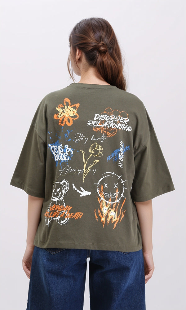 R209138 - Printed Slip On Relaxed Fit Tee - Dark Olive