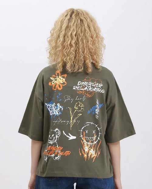 Ravin Women's Oversized Drop-Shoulder Graphic Tee – Olive Green - R209138