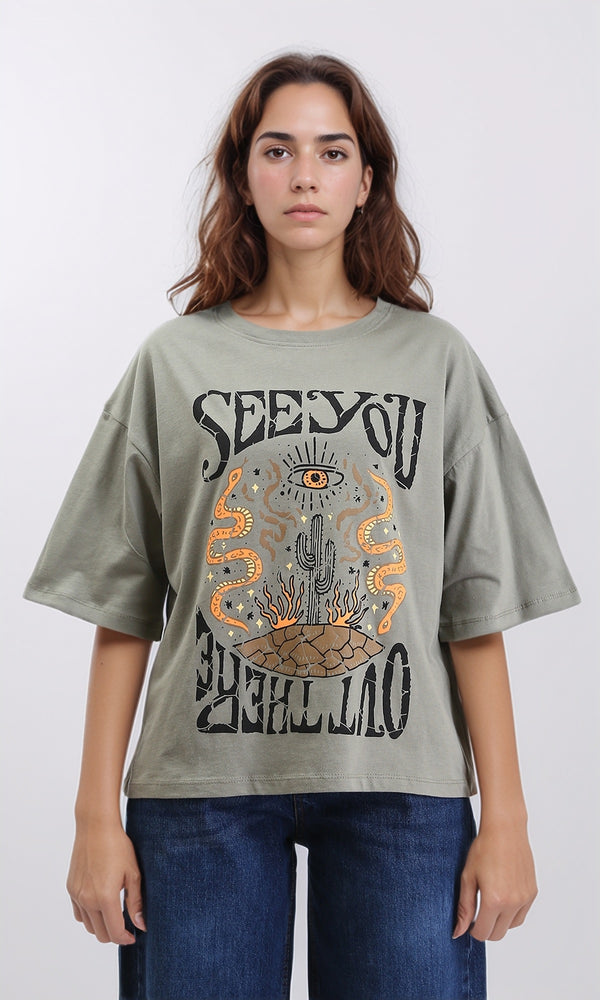 R209139 - "See You" Printed Elbow Sleeves Tee - Olive