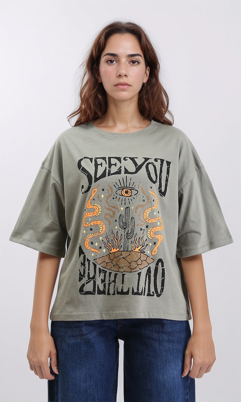R209139 - "See You" Printed Elbow Sleeves Tee - Olive