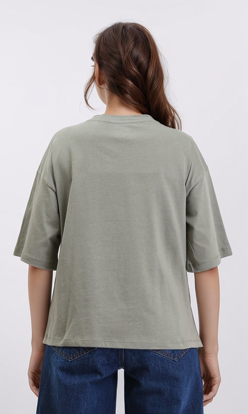R209139 - "See You" Printed Elbow Sleeves Tee - Olive