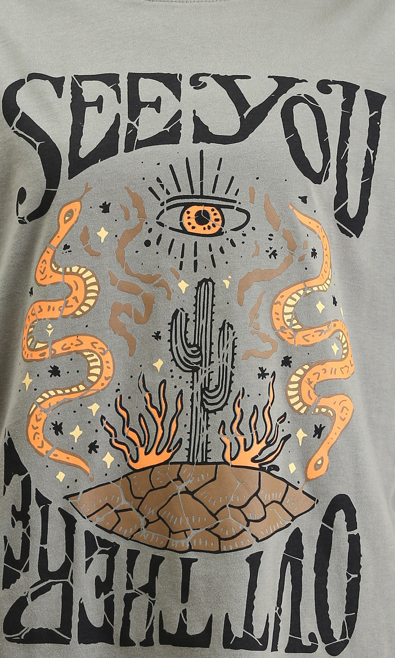 R209139 - "See You" Printed Elbow Sleeves Tee - Olive