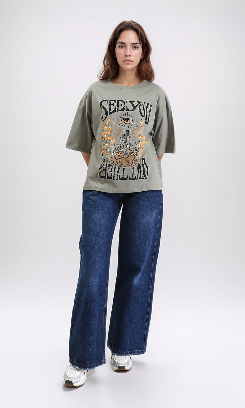 R209139 - "See You" Printed Elbow Sleeves Tee - Olive