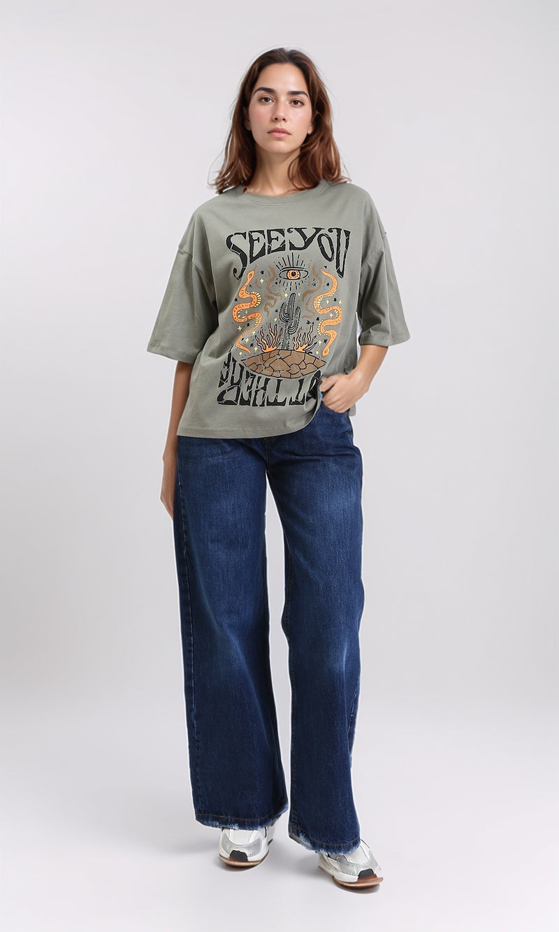 R209139 - "See You" Printed Elbow Sleeves Tee - Olive