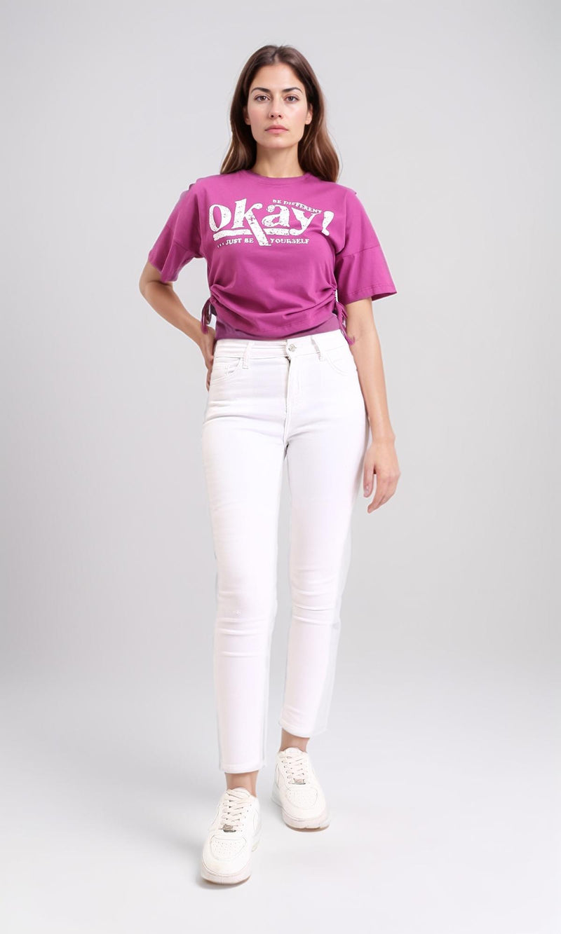 R209143 - Printed "Okay" Slip On Short Tee - Magenta