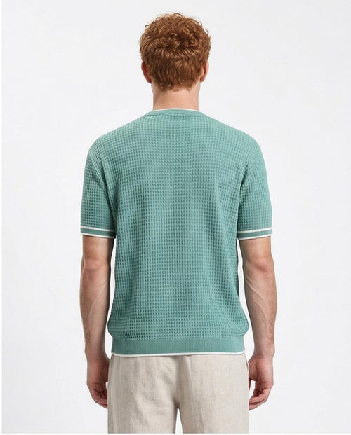 Ravin Men’s Waffle-Knit Textured Crewneck – Sage Green with Tipped Ribbing - R209202