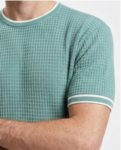 Ravin Men’s Waffle-Knit Textured Crewneck – Sage Green with Tipped Ribbing - R209202