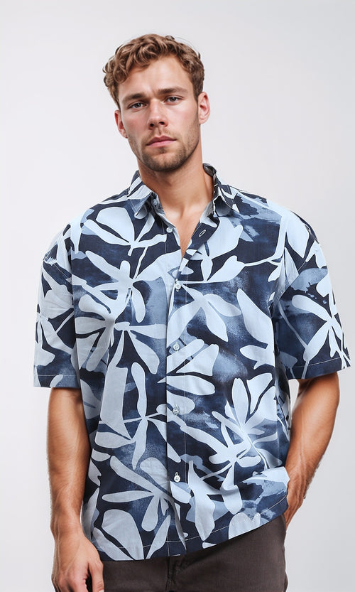 R209204 - Buttons Down Leaves Summer Shirt - Navy Blue & Pastel Blue