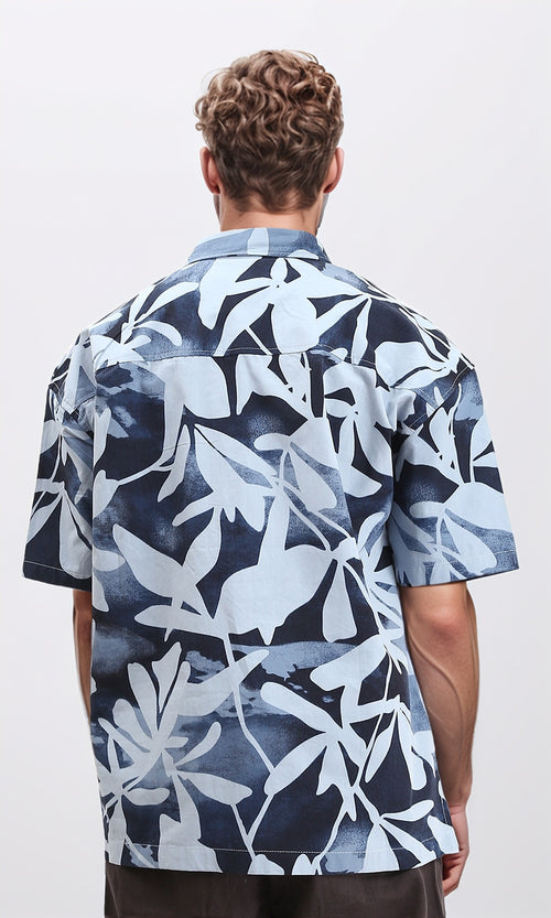 R209204 - Buttons Down Leaves Summer Shirt - Navy Blue & Pastel Blue