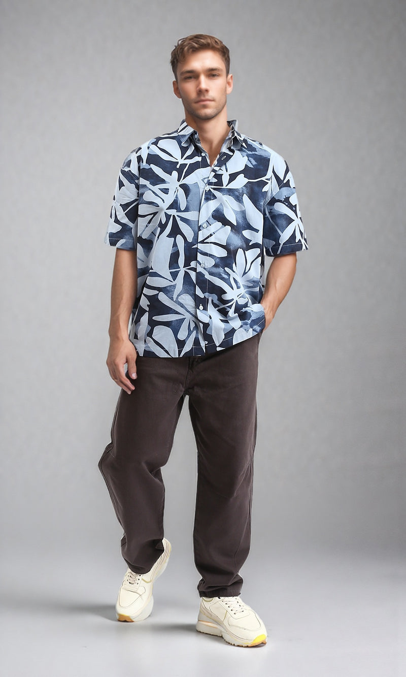 R209204 - Buttons Down Leaves Summer Shirt - Navy Blue & Pastel Blue