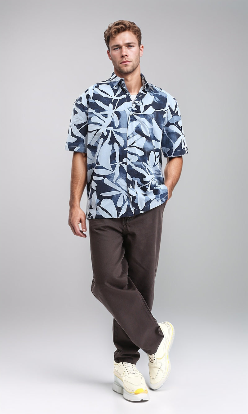 R209204 - Buttons Down Leaves Summer Shirt - Navy Blue & Pastel Blue