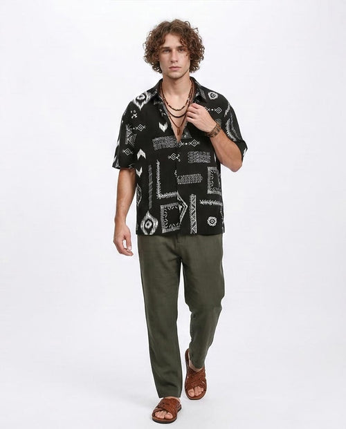 Ravin Men’s Tribal Woodblock Print Camp Collar Shirt – Black & White - R209205