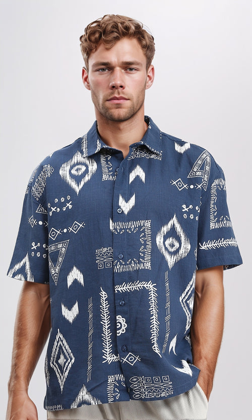 Casual Ethnic Pattern Summer Shirt - Denim Blue