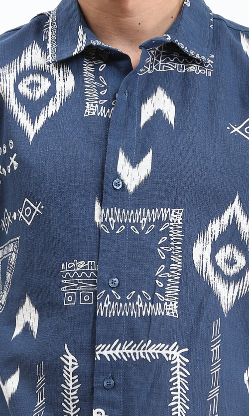 R209206 - Casual Ethnic Pattern Summer Shirt - Denim Blue