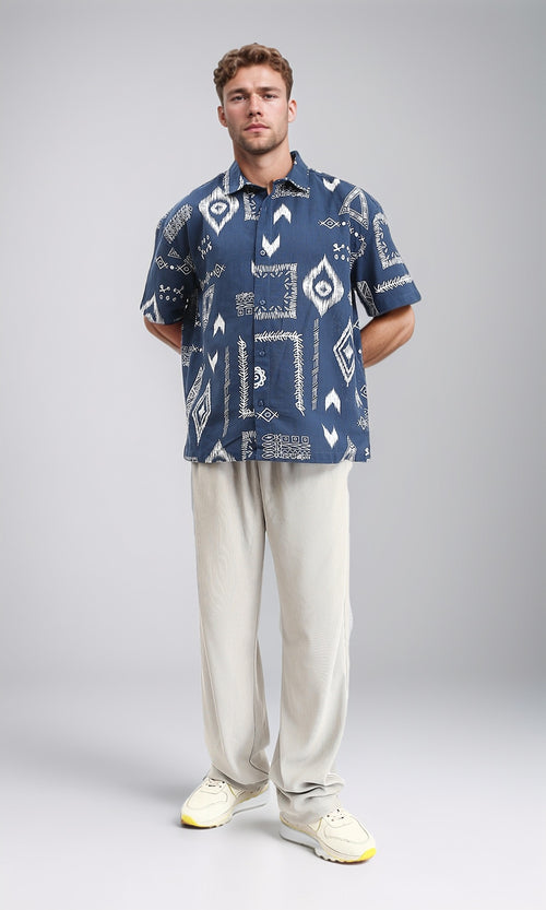 R209206 - Casual Ethnic Pattern Summer Shirt - Denim Blue