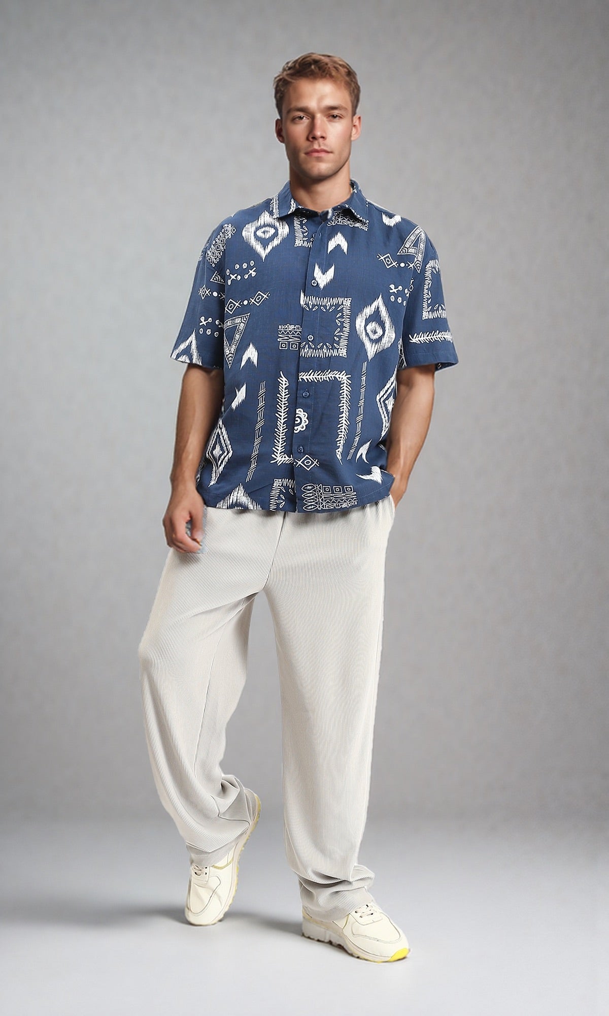 R209206 - Casual Ethnic Pattern Summer Shirt - Denim Blue