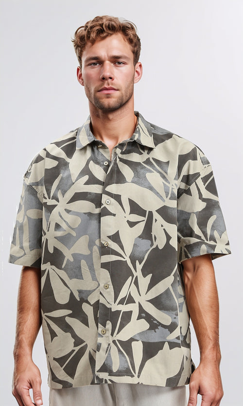 R209208 - Buttons Down Leaves Summer Shirt - Grey & Beige