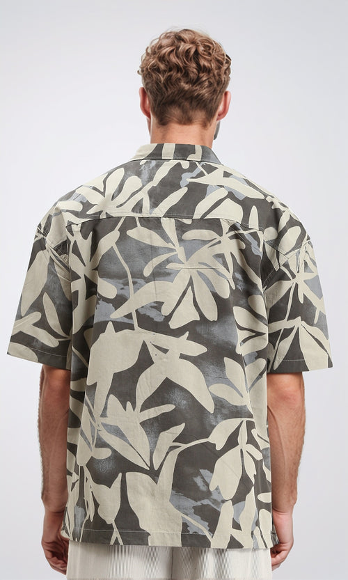 R209208 - Buttons Down Leaves Summer Shirt - Grey & Beige