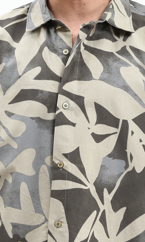 R209208 - Buttons Down Leaves Summer Shirt - Grey & Beige