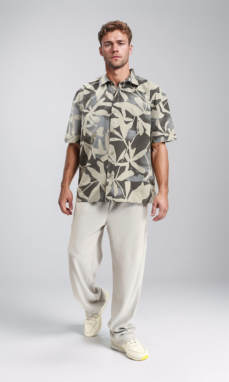 R209208 - Buttons Down Leaves Summer Shirt - Grey & Beige