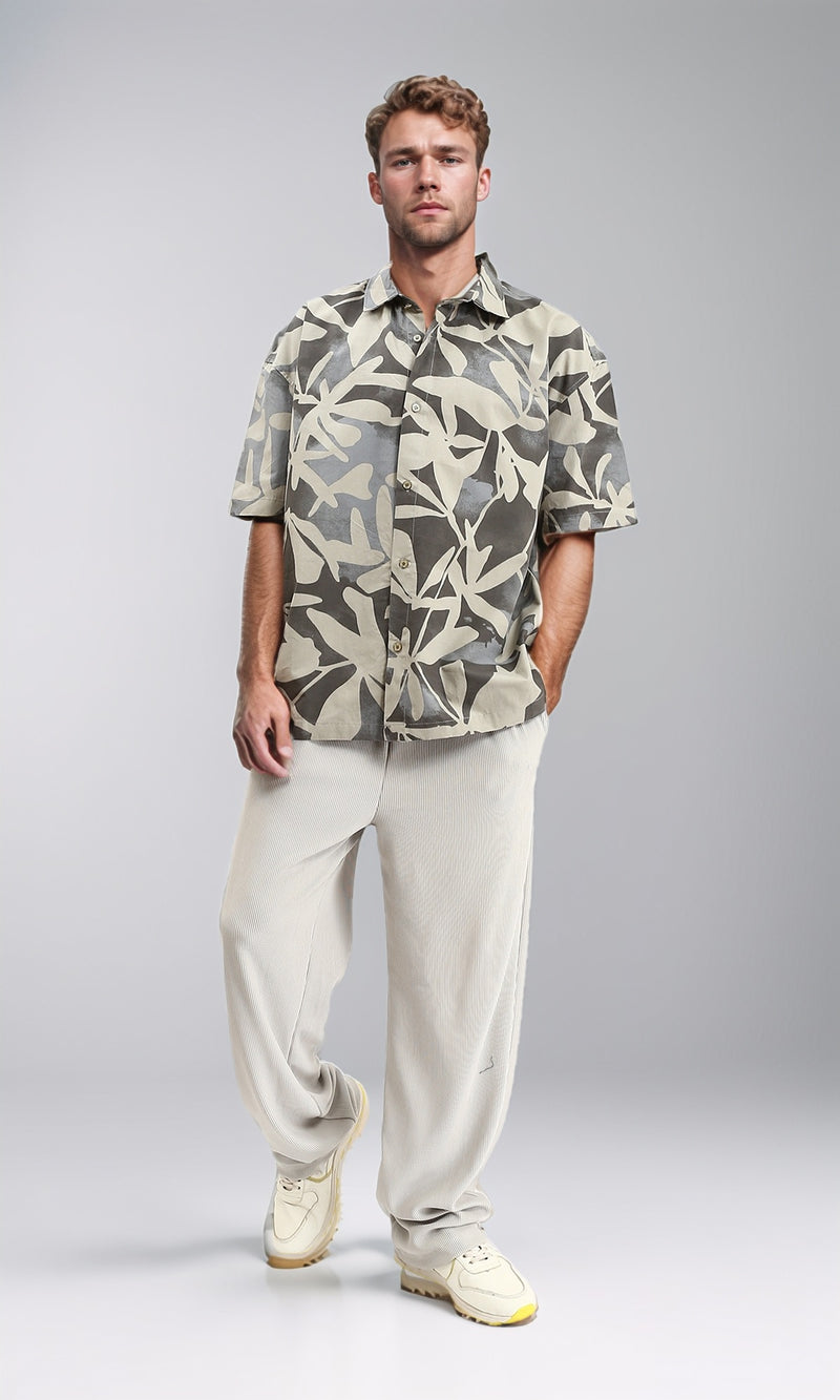 R209208 - Buttons Down Leaves Summer Shirt - Grey & Beige