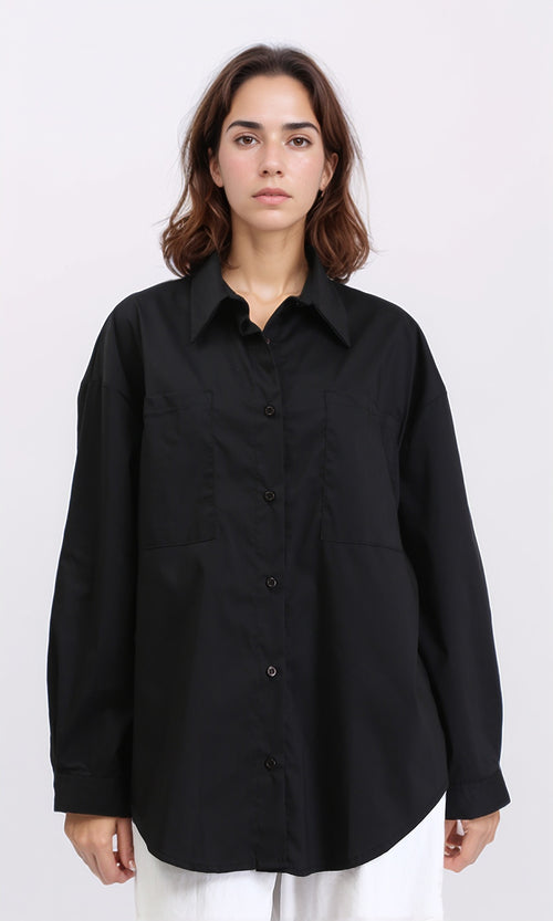 R209212 - Solid Long Sleeves Shirt with Front Pockets - Black