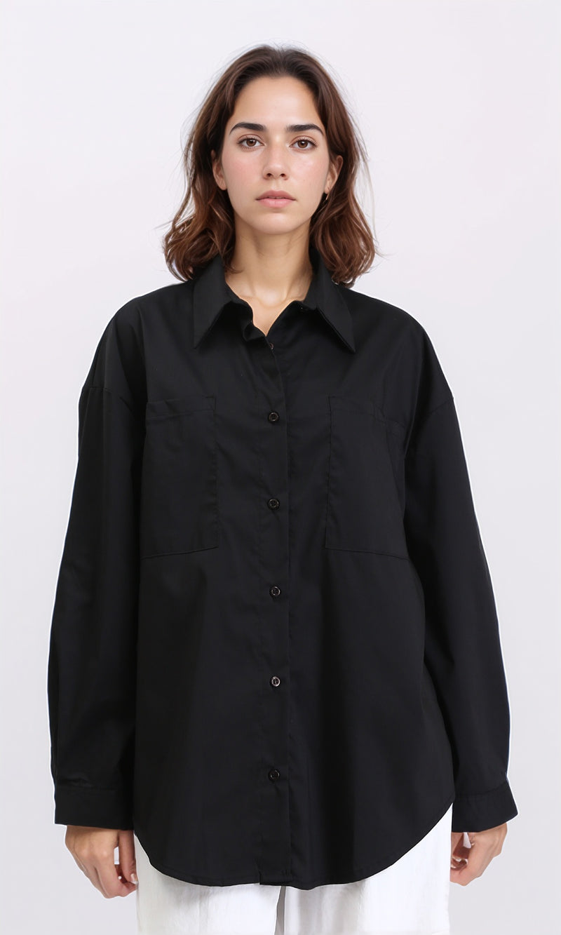 R209212 - Solid Long Sleeves Shirt with Front Pockets - Black