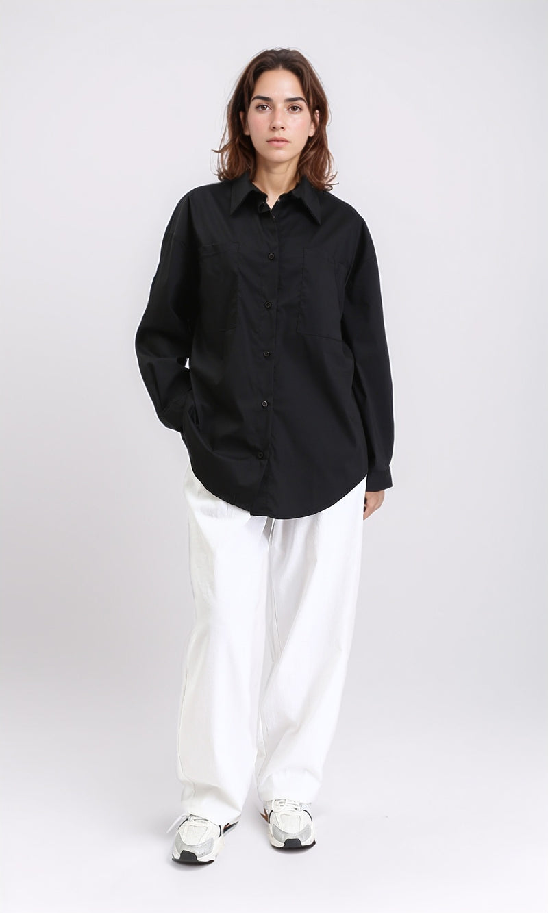 R209212 - Solid Long Sleeves Shirt with Front Pockets - Black