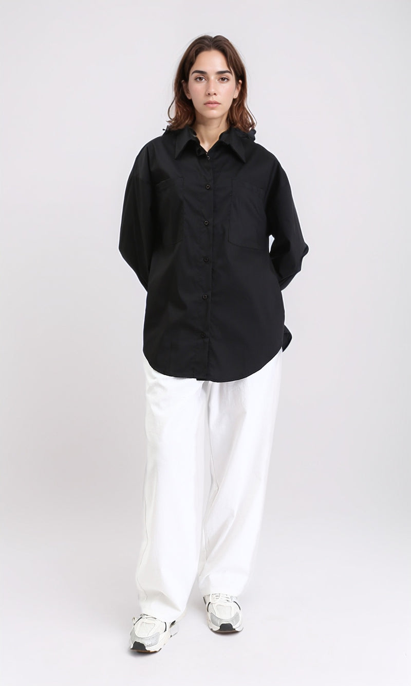 R209212 - Solid Long Sleeves Shirt with Front Pockets - Black