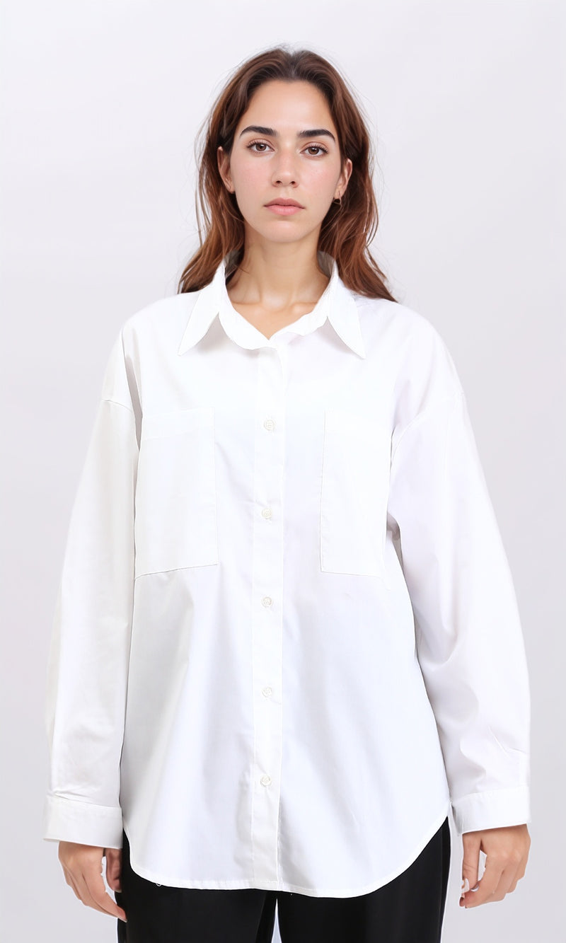 R209213 - Solid Long Sleeves Shirt with Front Pockets - White
