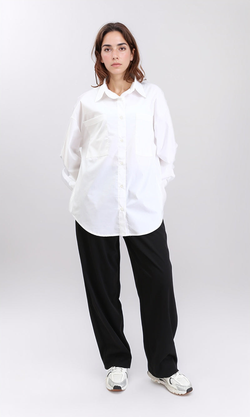 R209213 - Solid Long Sleeves Shirt with Front Pockets - White