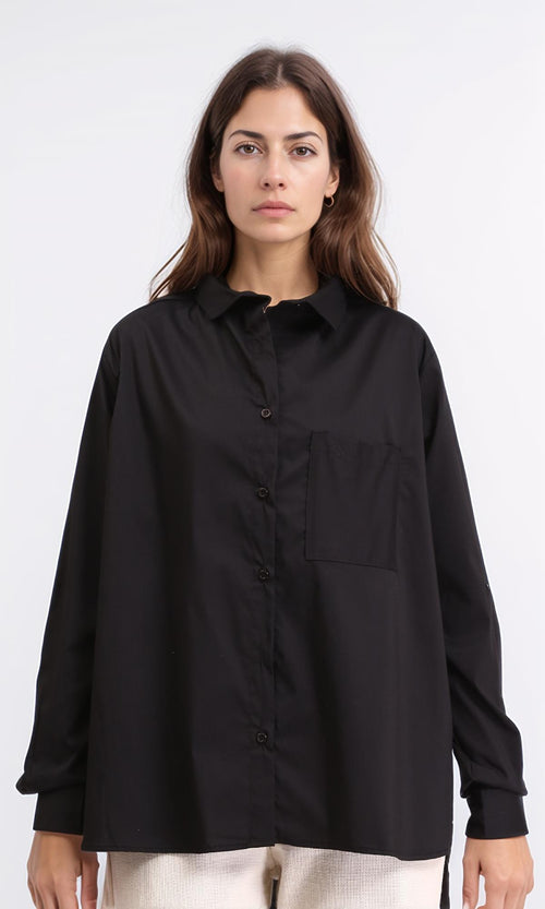 R209215 - Solid Long Shirt with Front Pocket - Black