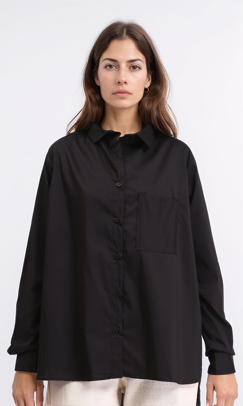 R209215 - Solid Long Shirt with Front Pocket - Black