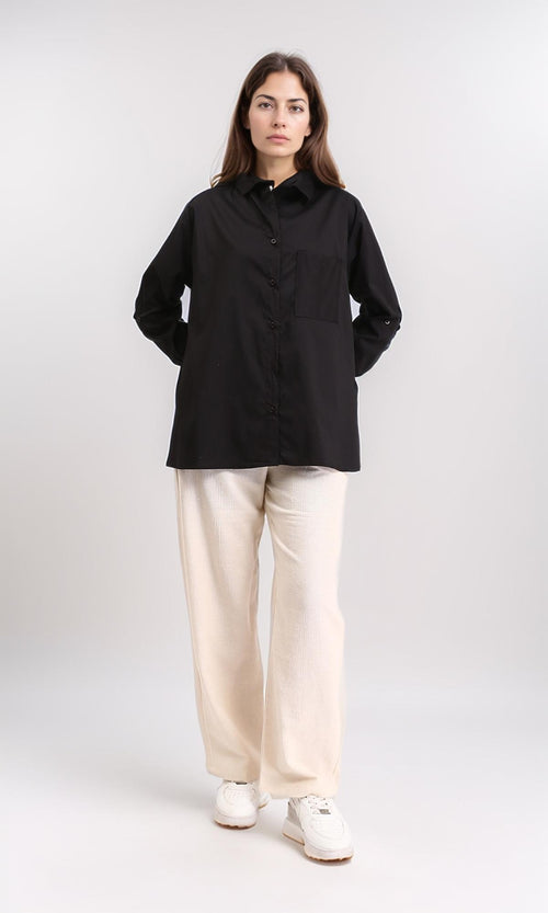 R209215 - Solid Long Shirt with Front Pocket - Black