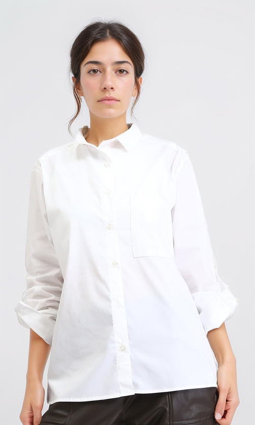R209216 - Solid Long Shirt with Front Pocket - Off-White