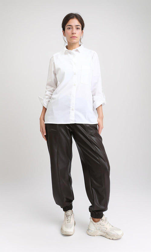 R209216 - Solid Long Shirt with Front Pocket - Off-White
