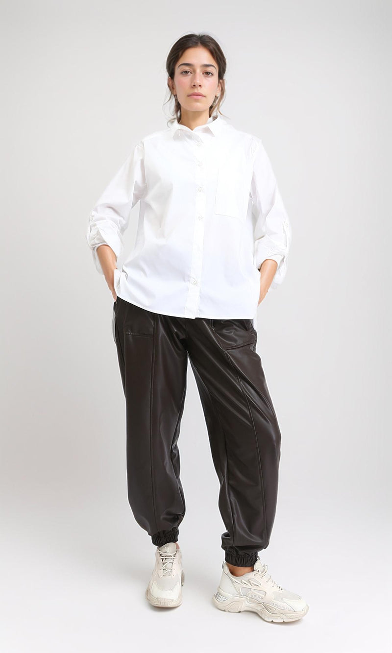 R209216 - Solid Long Shirt with Front Pocket - Off-White