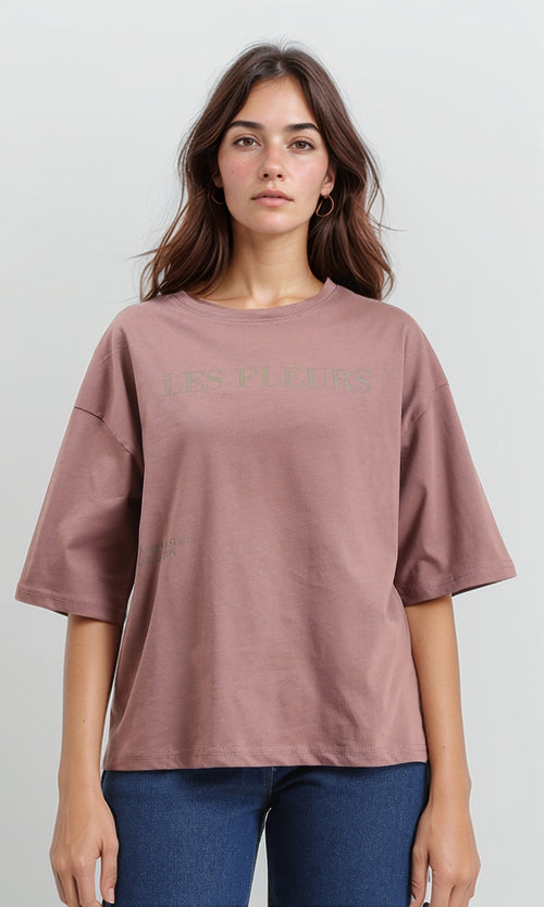 R209219 - Elbow Sleeves Printed Casual Tee - Dark Nude