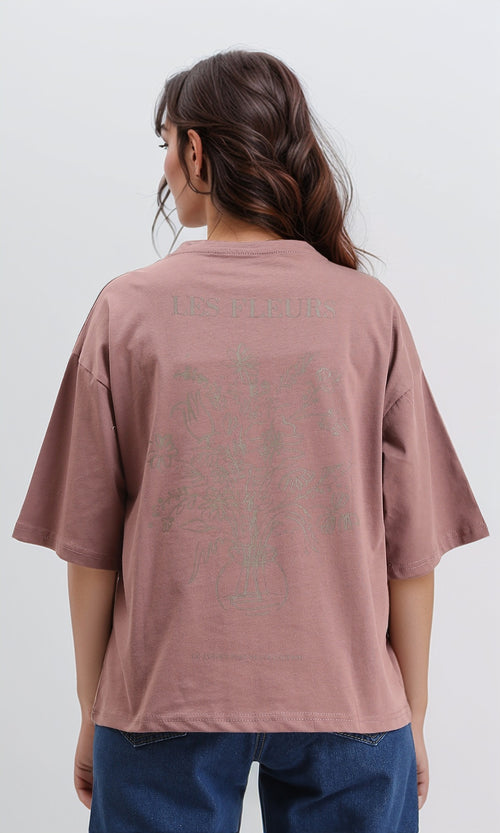 R209219 - Elbow Sleeves Printed Casual Tee - Dark Nude