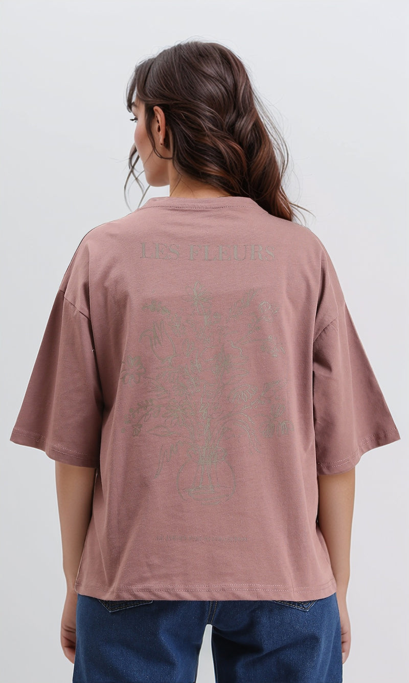 R209219 - Elbow Sleeves Printed Casual Tee - Dark Nude