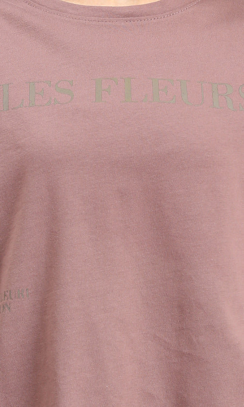 R209219 - Elbow Sleeves Printed Casual Tee - Dark Nude