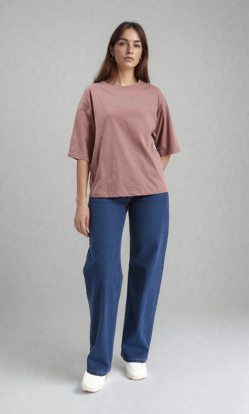 R209219 - Elbow Sleeves Printed Casual Tee - Dark Nude