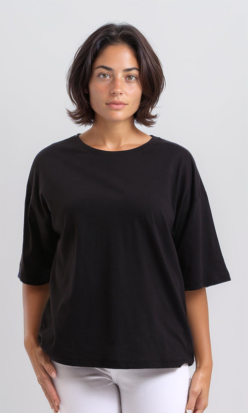 R209220 - Cotton Loose Solid Comfy Tee - Black