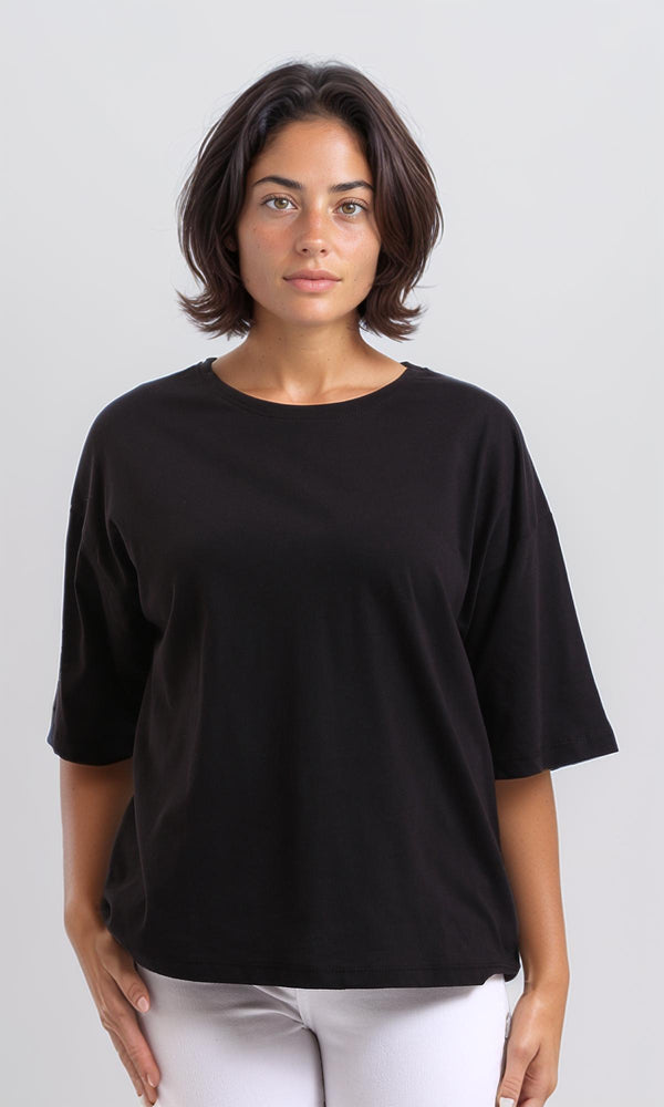 R209220 - Cotton Loose Solid Comfy Tee - Black