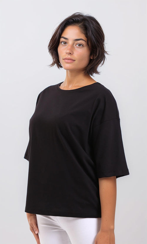 R209220 - Cotton Loose Solid Comfy Tee - Black