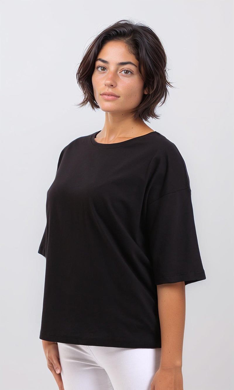 R209220 - Cotton Loose Solid Comfy Tee - Black