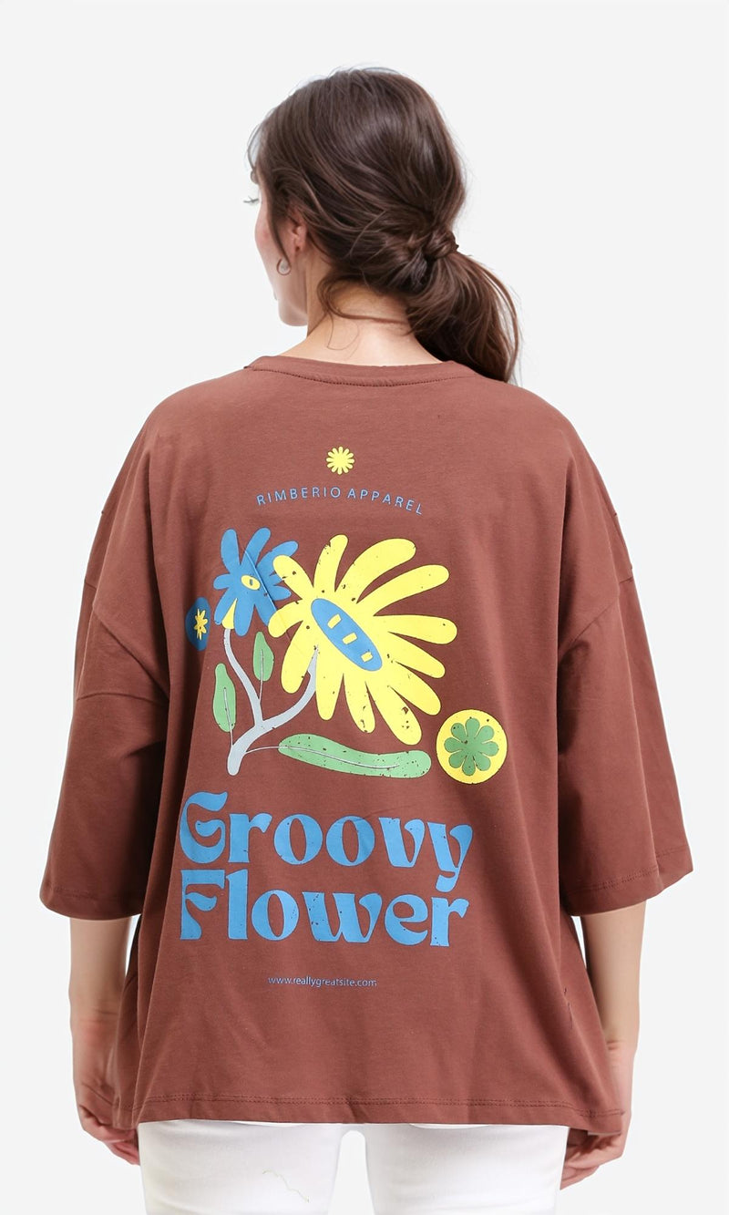 R209223 - Cotton Tee with Front & Back Print - Brown